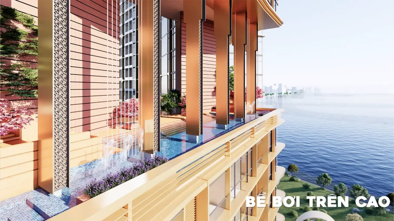 Bể bơi trên cao sang trọng với tầm nhìn toàn cảnh sông và biển tại Charmora City.