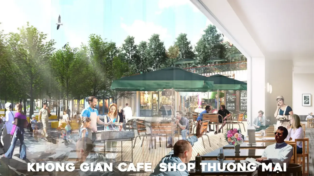 Không gian cà phê và mua sắm ven sông tại khu đô thị Charmora City, Khánh Hòa.
